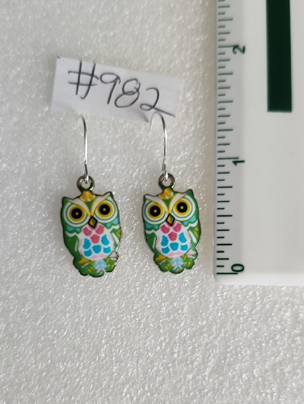 Hand Crafted Green Multicolor Owl Dangle Earrings - Picture 3 of 3